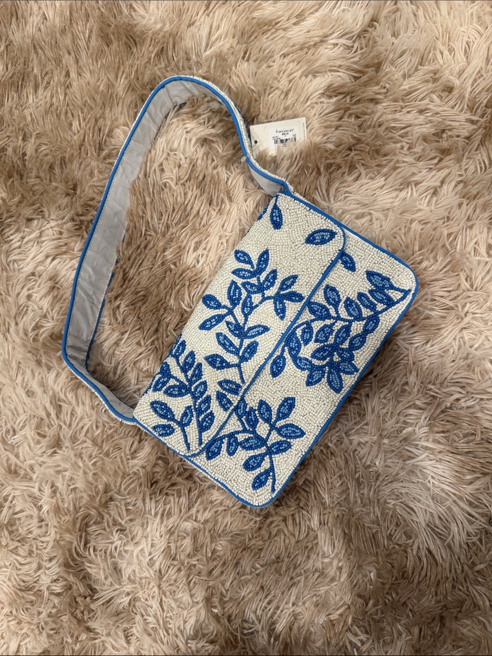 Francesca's Collections White and Blue Beaded Floral Shoulder Bag
